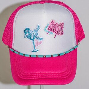 Hot pink and white "Pink Pony Club" hat with hat jewelry